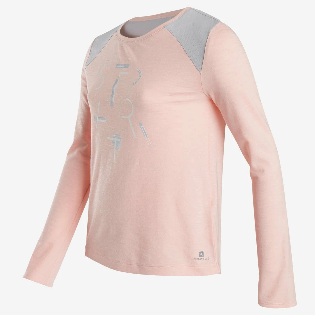 Domyos Girls' Gym Long-Sleeved T-Shirt Breathable Cotton 500 Exercise & Fitness Apparel