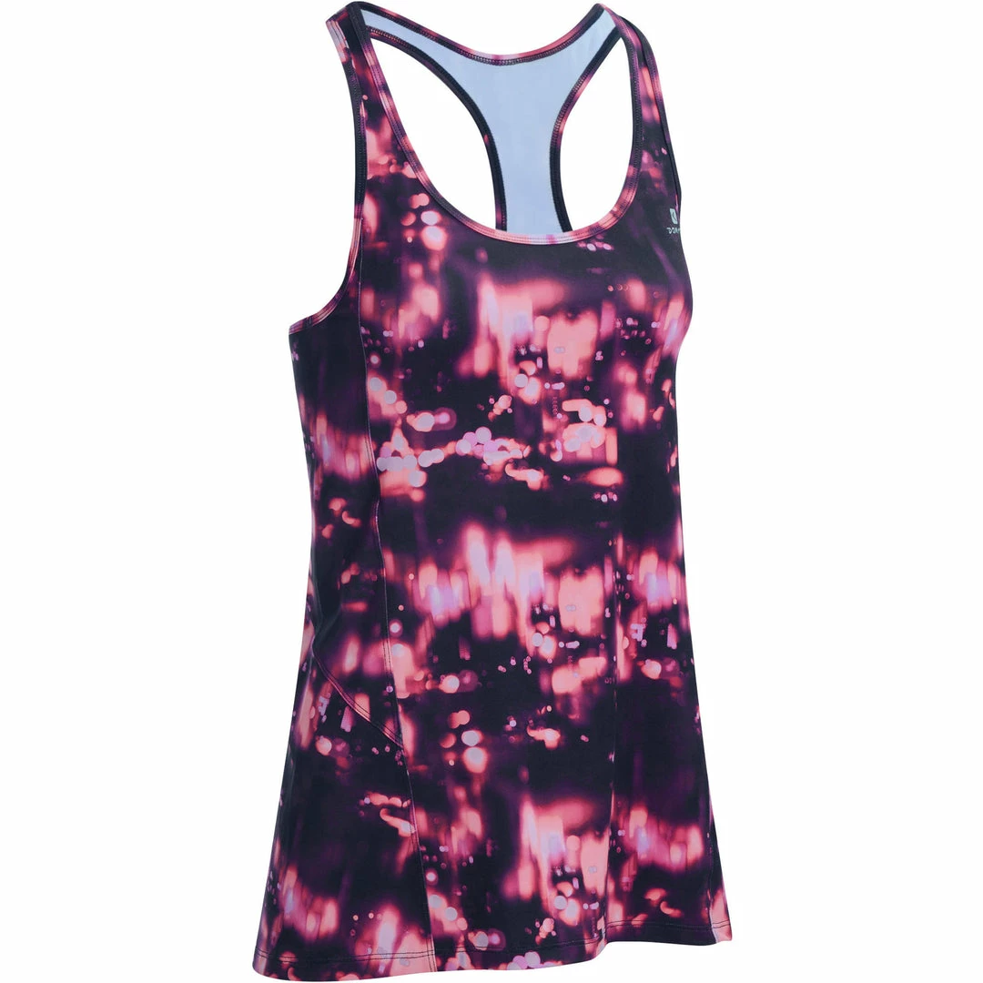 Domyos Exercise & Fitness Apparel Energy Women's Long Cardio Fitness Tank Top - Orange And Black Print