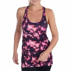 Domyos Exercise & Fitness Apparel Energy Women's Long Cardio Fitness Tank Top - Orange And Black Print