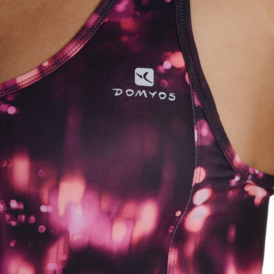 Domyos Exercise & Fitness Apparel Energy Women's Long Cardio Fitness Tank Top - Orange And Black Print